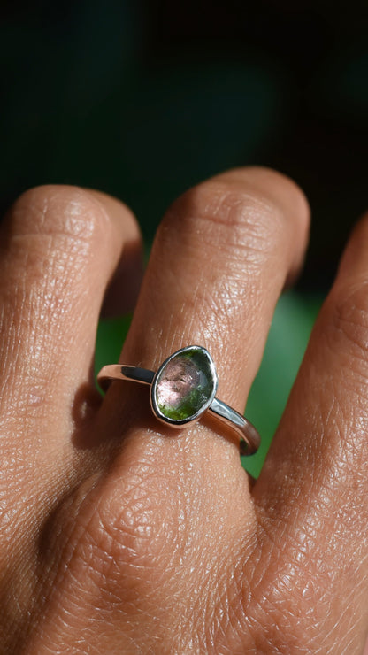 Pastel pink & green watermelon tourmaline ring US 9